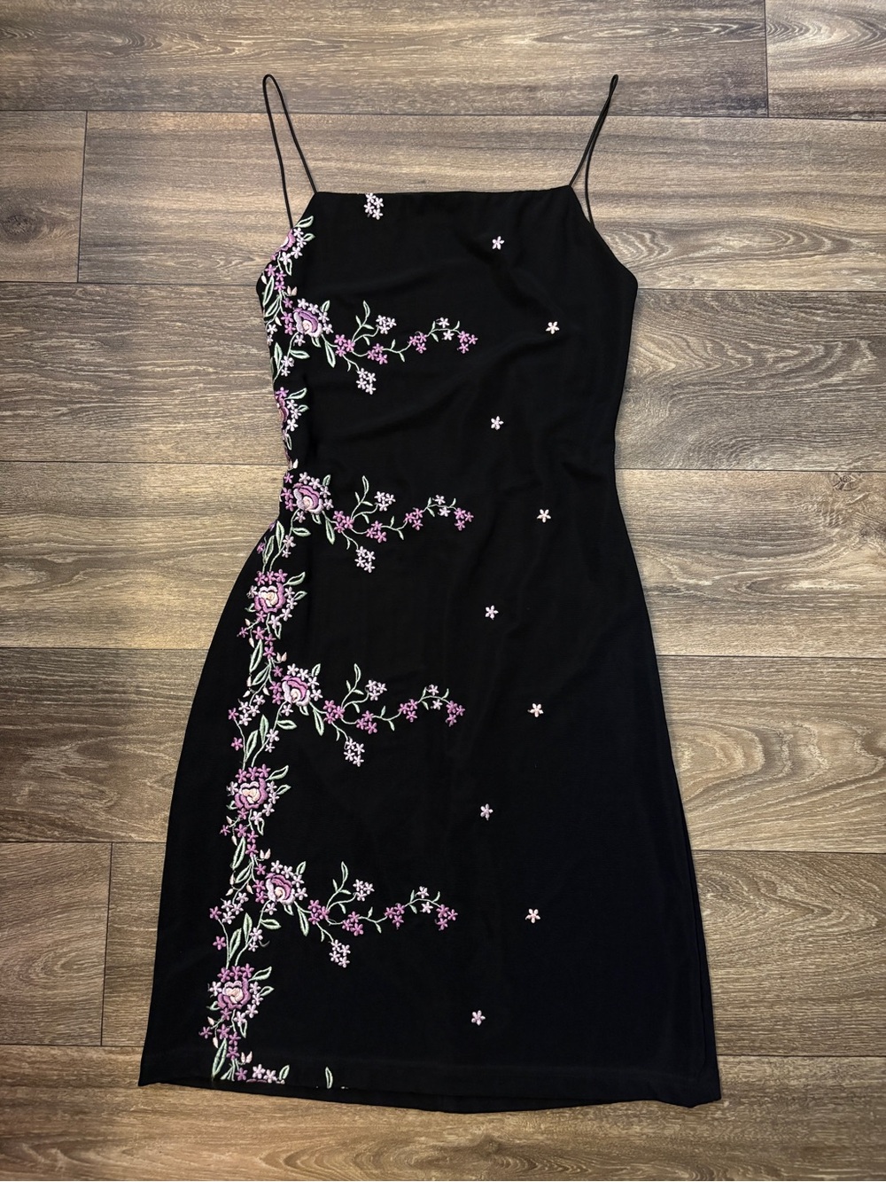 Vintage Y2K City Studio Black Floral Embroidered Mini Dress Size S Made USA